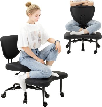 IWMH Ergonomiczne krzesło biurowe, krzesło biurowe ze skrzyżowanymi nogami, obracane o 360° krzesło do medytacji z kółkami, krzesła biurowe ADHD, regulowana wysokość do medytacji, wzornictwo