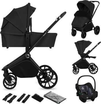 LIONELO MIKA PLUS 3 w 1 Wózek Spacerowy Dziecięcy 0-48 miesięcy do 22 kg Gondola do 9 kg Fotelik Samochodowy Nosidło do 13 kg, Regulacja Oparcia, Amortyzacja, Koła 360° Budka XXL (Czarny)