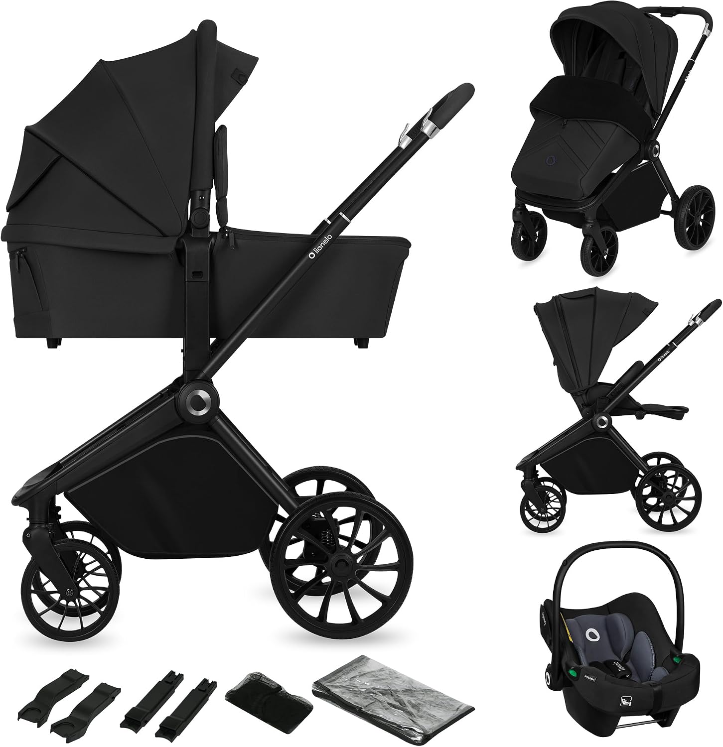 LIONELO MIKA PLUS 3 w 1 Wózek Spacerowy Dziecięcy 0-48 miesięcy do 22 kg Gondola do 9 kg Fotelik Samochodowy Nosidło do 13 kg, Regulacja Oparcia, Amortyzacja, Koła 360° Budka XXL (Czarny)