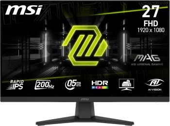 MSI Mag 272F Monitor Gaming 27", FHD 1920x1080, 200Hz, 0,5ms, HDR Ready, AMD FreeSync Premium, Eye Care, AI Vision, HDMI 2.0b, DP 1.2a, regulowany uchwyt nachylenia, mocowanie VESA, czarny