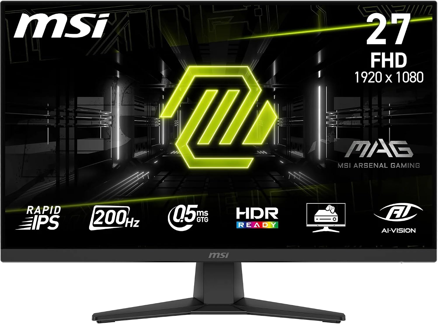 MSI Mag 272F Monitor Gaming 27", FHD 1920x1080, 200Hz, 0,5ms, HDR Ready, AMD FreeSync Premium, Eye Care, AI Vision, HDMI 2.0b, DP 1.2a, regulowany uchwyt nachylenia, mocowanie VESA, czarny