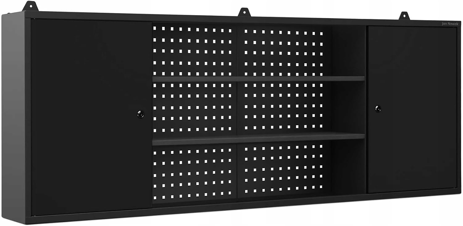 Jan Nowak Szafka do Warsztatu Wisząca Metalowa LEO | Perforowana Scianka 2 Zamykane Szafki Pojemne Półki na Narzędzia | 160 cm x 60 cm x 20 cm (Czarna)