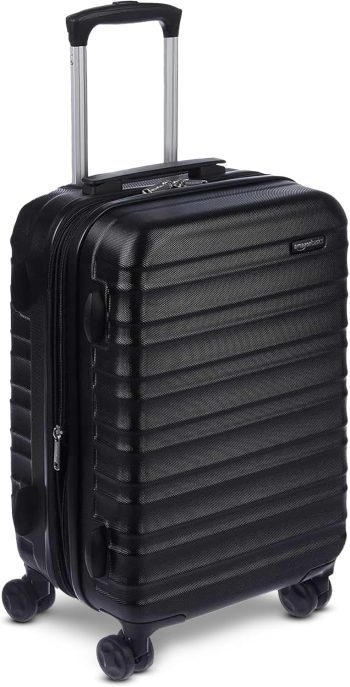 Amazon Basics Mała Walizka Twarda - Rozszerzalny Bagaż Podręczny ABS z 4 Podwójnymi Kółkami Obrotowymi - Odporna na Zarysowania i Lekka - 55 x 37,5 x 25,5cm - Czarny
