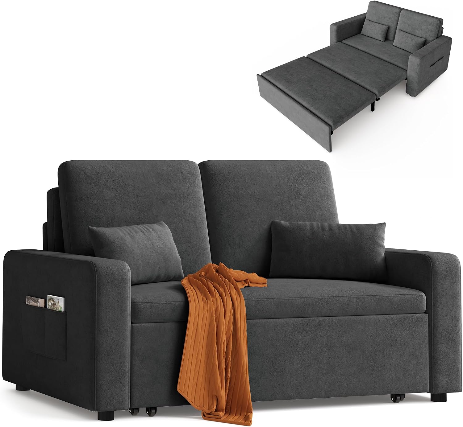 Xbro Sofa z funkcją spania 147 x 196 x 87 cm, sofa z funkcją spania 2-osobowa, wysuwana na 4 kółkach, nowoczesny welurowy materiał, Ciemnoszara