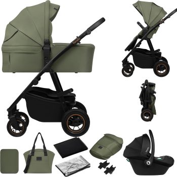 LIONELO AMBER PLUS 3 w 1 Wielofunkcyjny Wózek Dziecięcy od 0 do 4 lat do 22kg z Gondolą XL, Fotelik Samochodowy do 13 kg, Regulacja Oparcia, Duże Terenowe Koła 360o Budka XXL