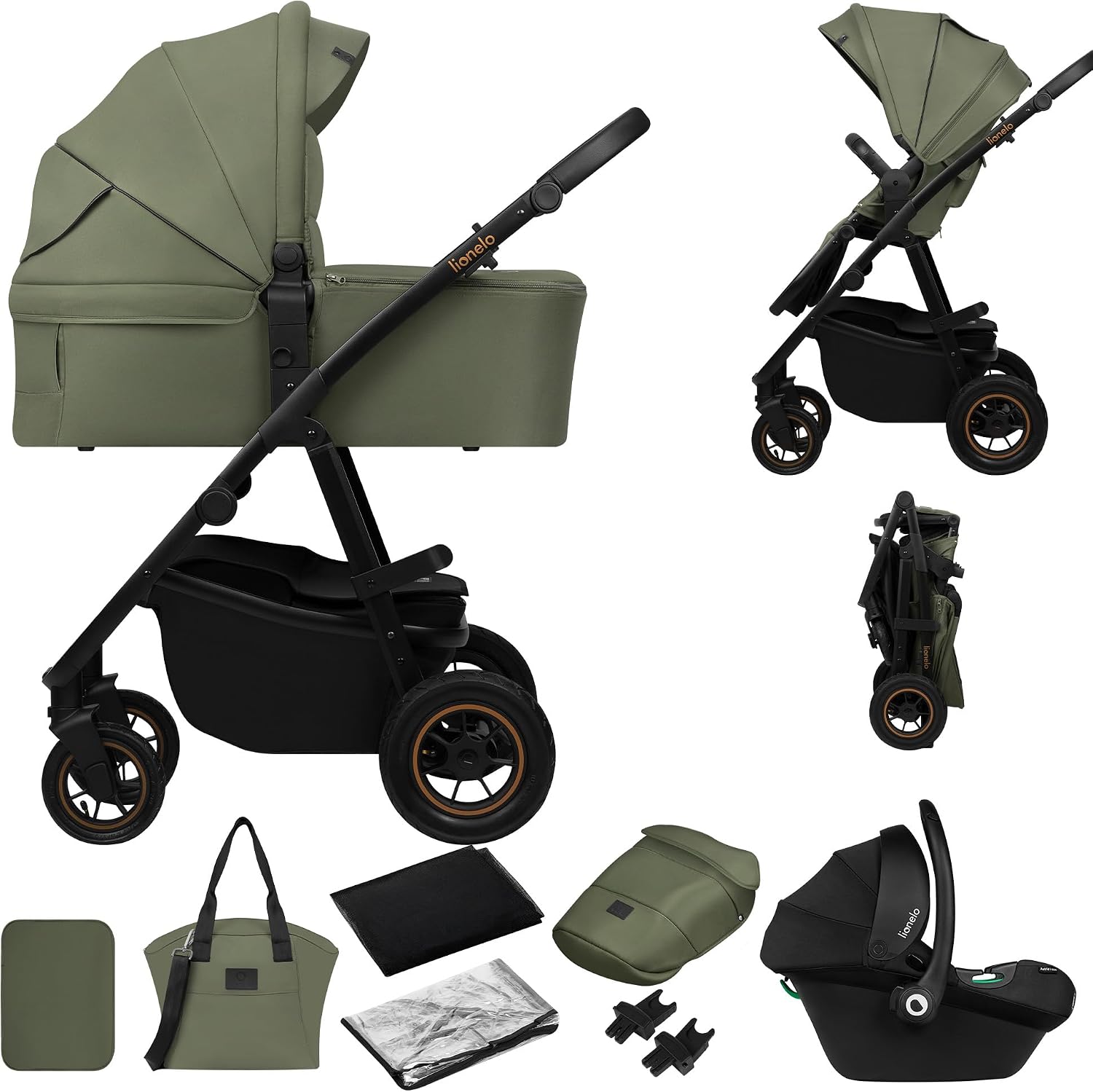LIONELO AMBER PLUS 3 w 1 Wielofunkcyjny Wózek Dziecięcy od 0 do 4 lat do 22kg z Gondolą XL, Fotelik Samochodowy do 13 kg, Regulacja Oparcia, Duże Terenowe Koła 360o Budka XXL