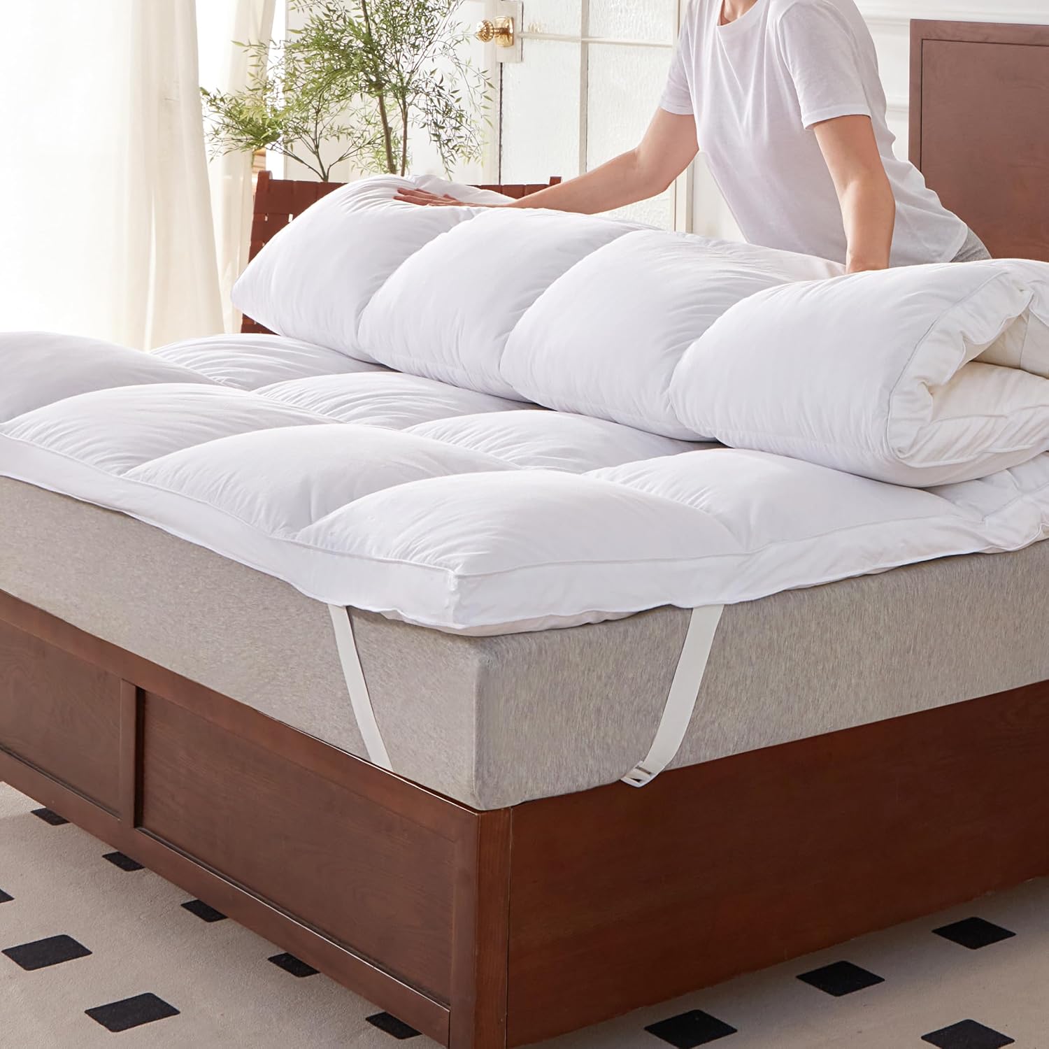 Pokrowiec na materac 120x200cm z 100% piór gęsi, wysokość 7cm z topperem z piór gęsi, 100% bawełniany pokrowiec przeciwpuchniowy, certyfikowany przez Öko-Tex 100 Klasa 1, Downpass