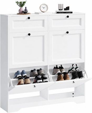 Xbro Szafka na buty z szufladą i 4 klapami, wąska pochyła szafka, regulowane półki, pomieści 20-24 par butów, biała, 95x24x102 cm, do przedpokoju i hallu