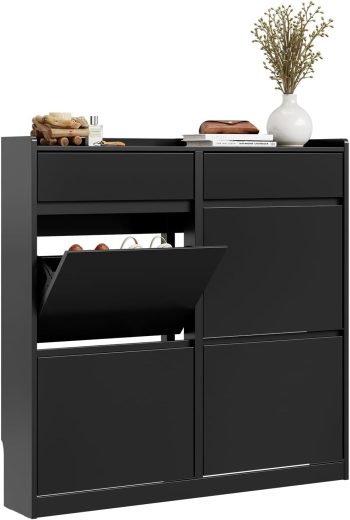 SoBuy Meuble Chaussures avec 4 Abattants et 2 Tiroirs, Grande Capacité de Rangement, Armoire à Chaussures Étroite pour Entrée et Couloir, Idéal Petits Espaces, Noir, 98x19x95 cm, FSR169-SCH