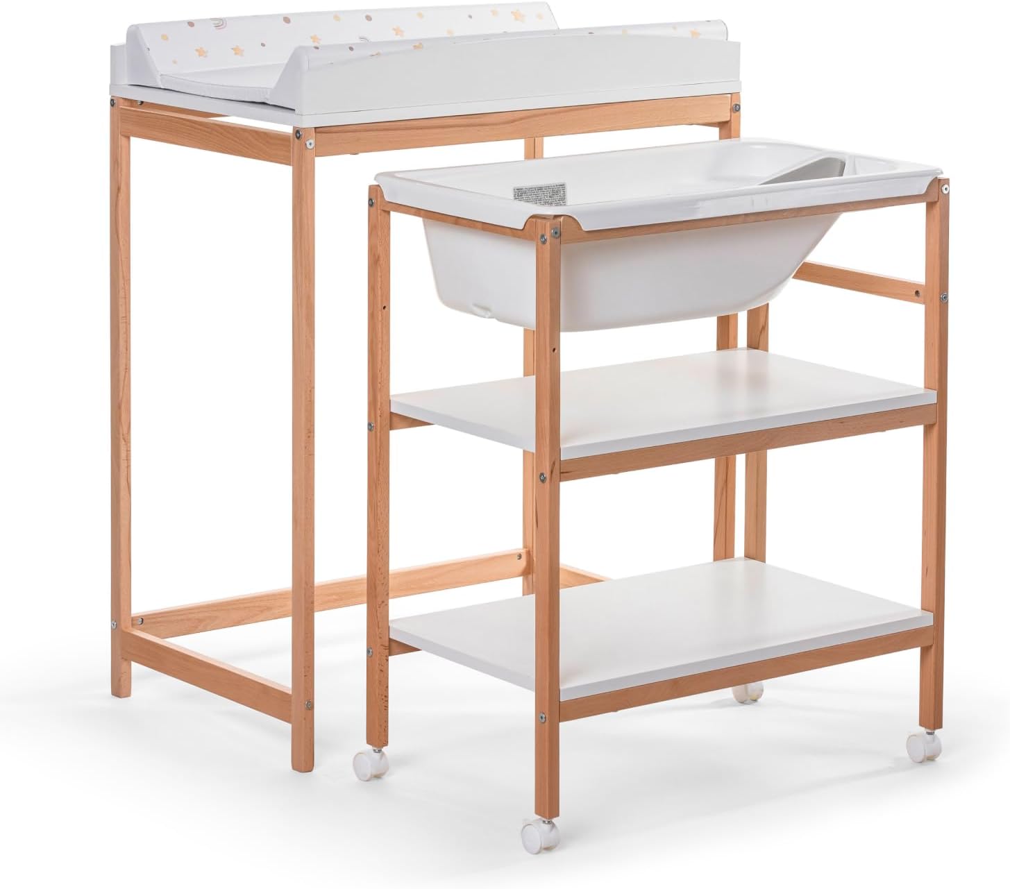 OKBABY Woody - Drewniany stół do przewijania z ergonomiczną wanną i kółkami, w komplecie z miękką matą do przewijania dla noworodków - 0-12 miesięcy (11 kg) - Biały