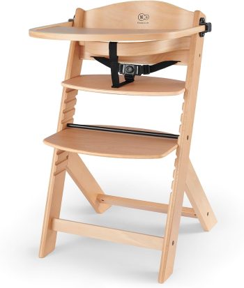 Kinderkraft Krzesełko do karmienia ENOCK 3w1, Drewniane krzesło dla starszaka, Regulowana wysokość siedziska, Zdejmowana tacka, Regulacja podnóżka, Ergonomiczne oparcie, Pasy bezpieczeństwa, Naturalny