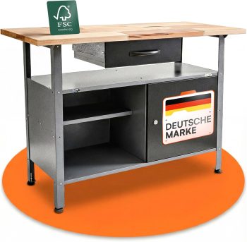 Ondis24 Stół warsztatowy Klaus 120 cm, metalowe drzwi zamykane, nogi z regulacją wysokości, wysokość robocza 85 cm, czarny blat bukowy