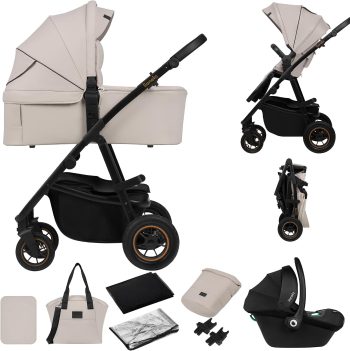 LIONELO AMBER PLUS 3 w 1 Wielofunkcyjny Wózek Dziecięcy od 0 do 4 lat do 22kg z Gondolą XL, Fotelik Samochodowy do 13 kg, Regulacja Oparcia, Duże Terenowe Koła 360o Budka XXL