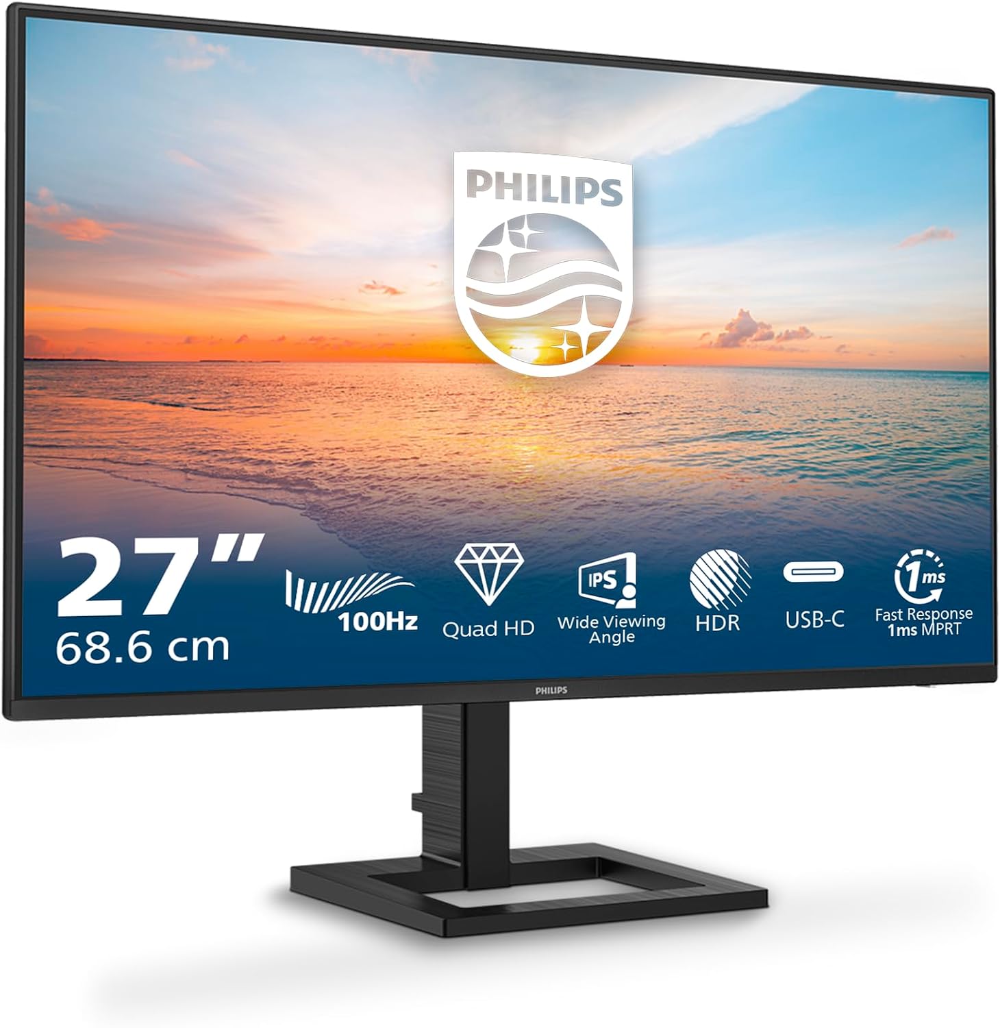 Philips 27E1N1600AM - 27-calowy monitor Quad HD, głośniki, regulowana wysokość (2560x1440, 100Hz, HDMI 1.4, USB-C (65W PD), Hub USB) Czarny