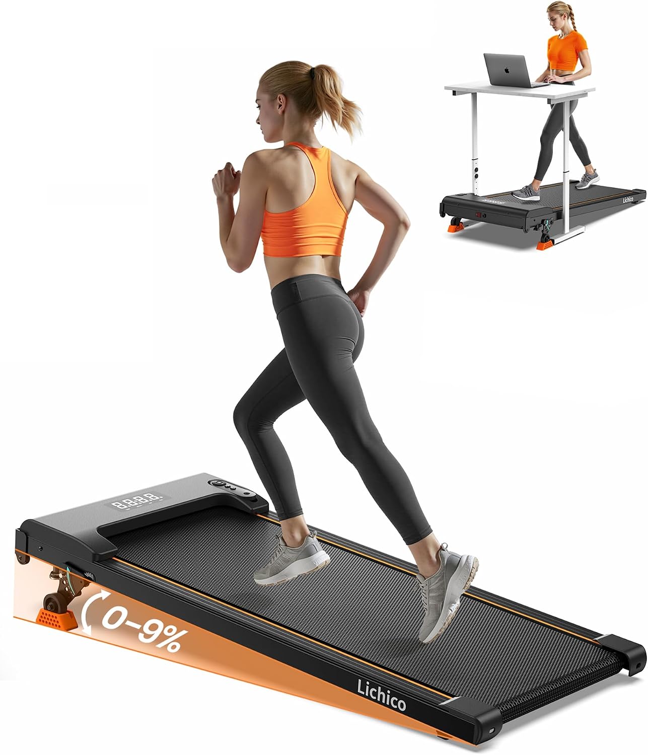 Lichico Bieżnia do Domu z Regulacją Nachylenia 0-9% lub Składaną Poręczą, Mała Walking Pad, Cicha Bieżnia do Biurka, Łączność Bluetooth, Max Obciążenie 150 kg, Trzy Warianty do Wyboru