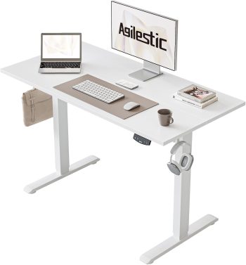 Agilestic Biurko z regulacją wysokości 100 x 60 cm, stabilne biurko z elektryczną regulacją wysokości i ręcznym sterowaniem z pamięcią, ergonomiczne biurko do pracy na stojąco lub siedząco, biały