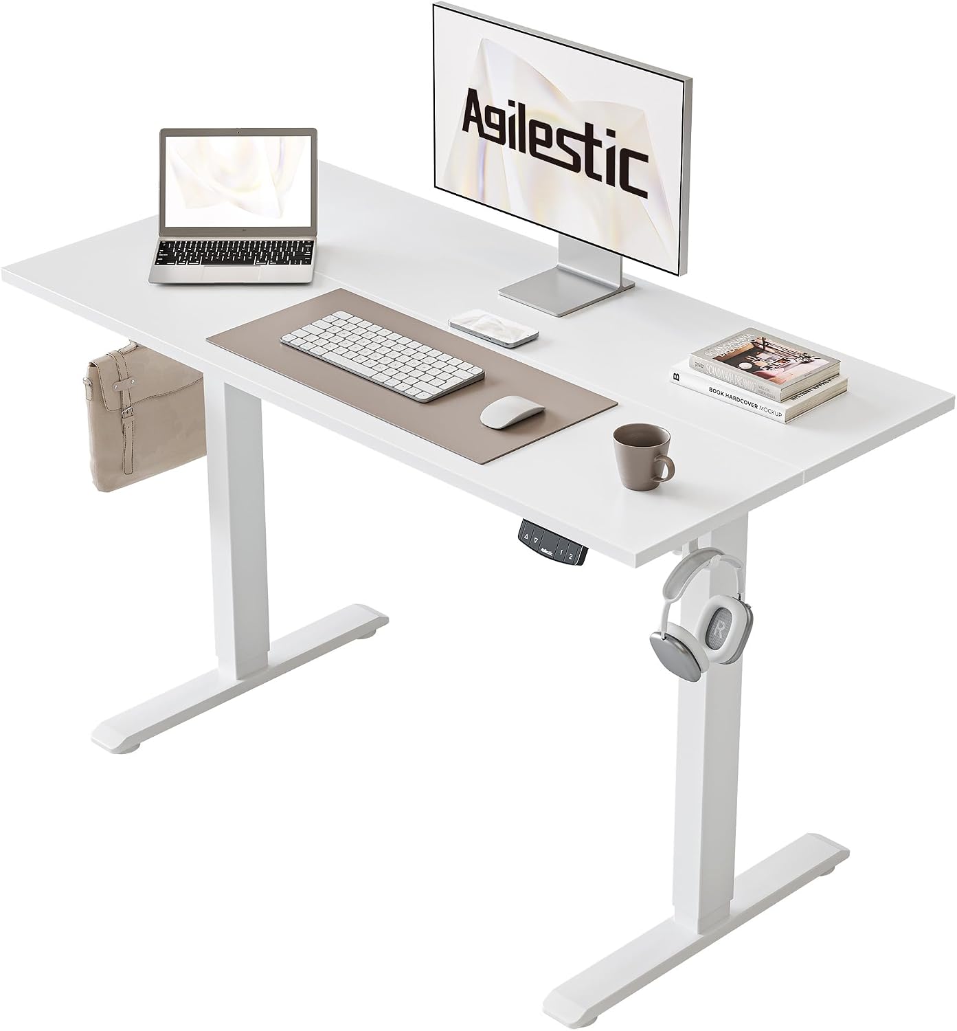 Agilestic Biurko z regulacją wysokości 100 x 60 cm, stabilne biurko z elektryczną regulacją wysokości i ręcznym sterowaniem z pamięcią, ergonomiczne biurko do pracy na stojąco lub siedząco, biały