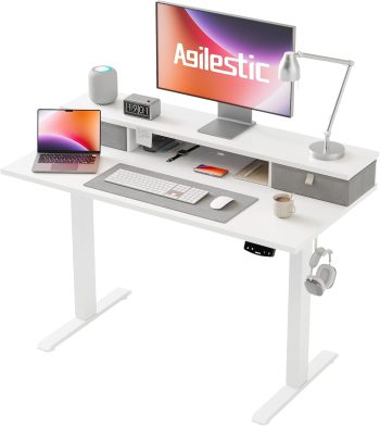 Agilestic Biurko z regulacją wysokości i 2 szufladami, stabilne, elektryczne ustawienie wysokości, ergonomiczne biurko komputerowe do pracy na siedząco i stojąco, 100 x 60 cm, białe