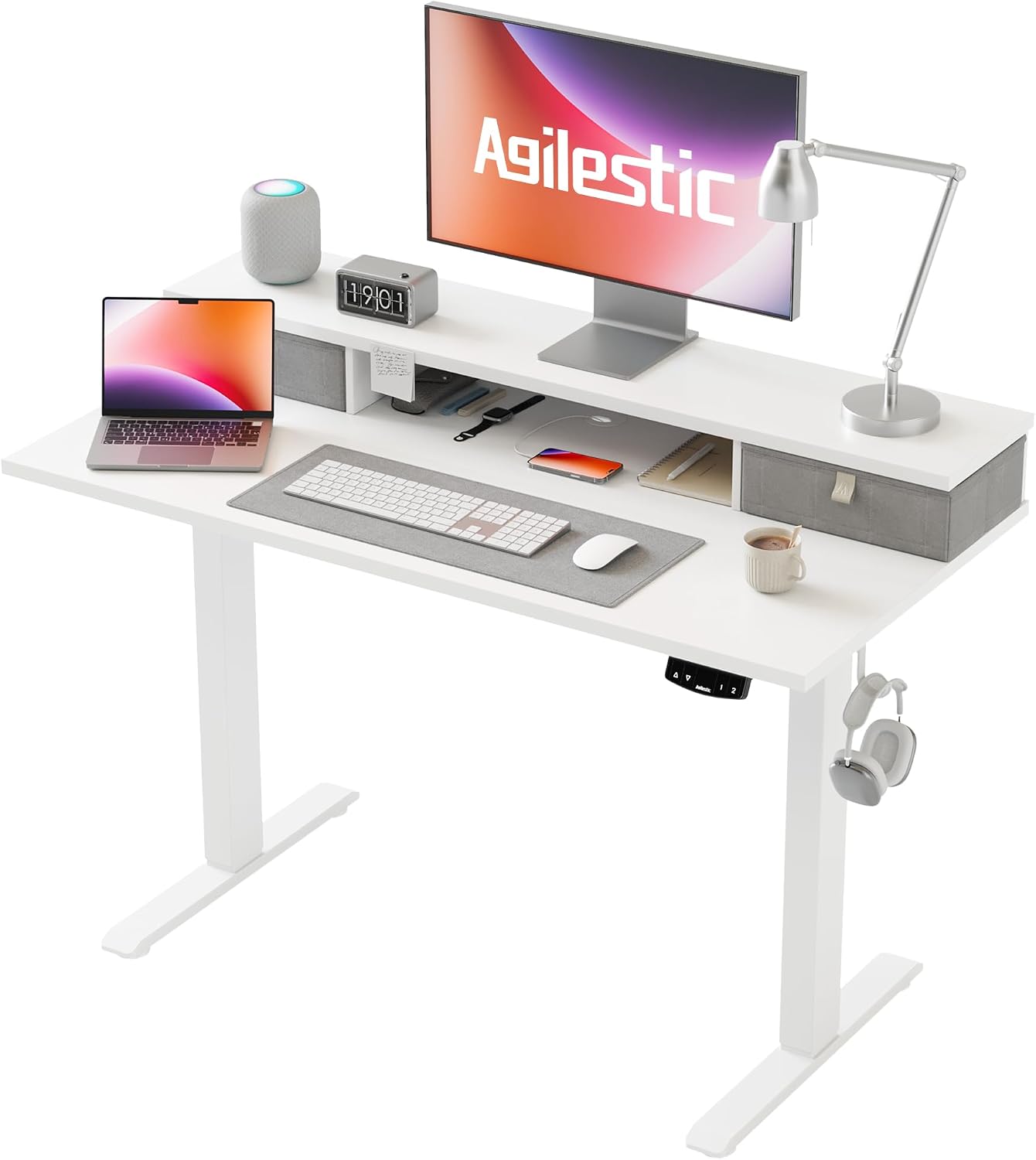 Agilestic Biurko z regulacją wysokości i 2 szufladami, stabilne, elektryczne ustawienie wysokości, ergonomiczne biurko komputerowe do pracy na siedząco i stojąco, 100 x 60 cm, białe