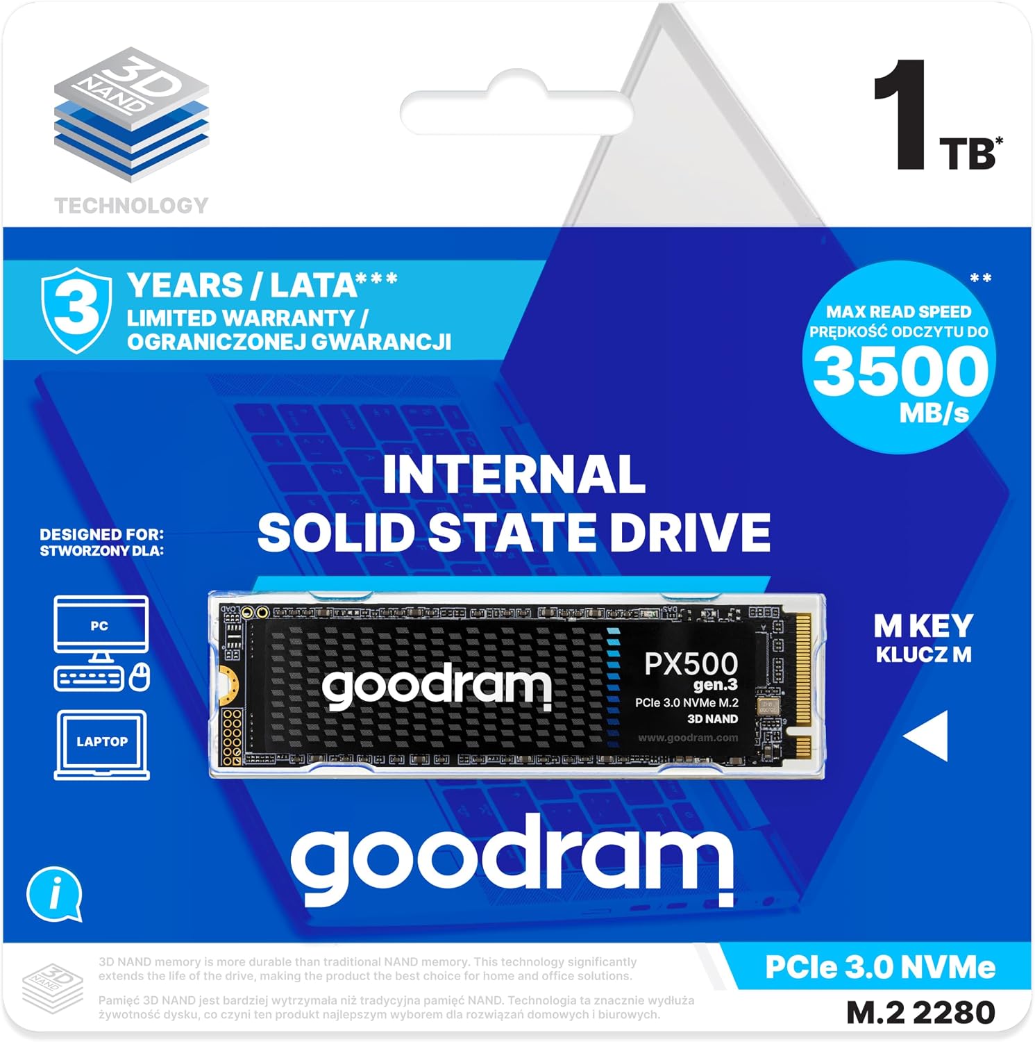 goodram - Dysk SSD - PX500 gen. 3 M.2 - Wewnętrzny dysk twardy - Szybki interfejs PCIe gen. 3 x4 - Kompaktowy format 2280 - do konsol, laptopów - 1 TB
