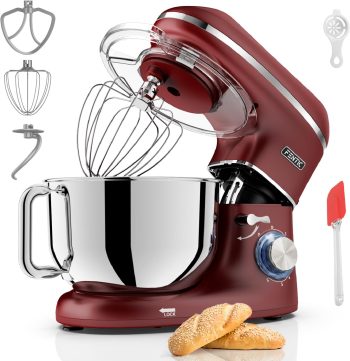 Robot kuchenny - 2000 W - miska do mieszania ze stali nierdzewnej (6,2 l) - mikser kuchenny z mieszania, hakiem do zagniatania, trzepaczką i ochroną przed pryskaniem - w zestawie