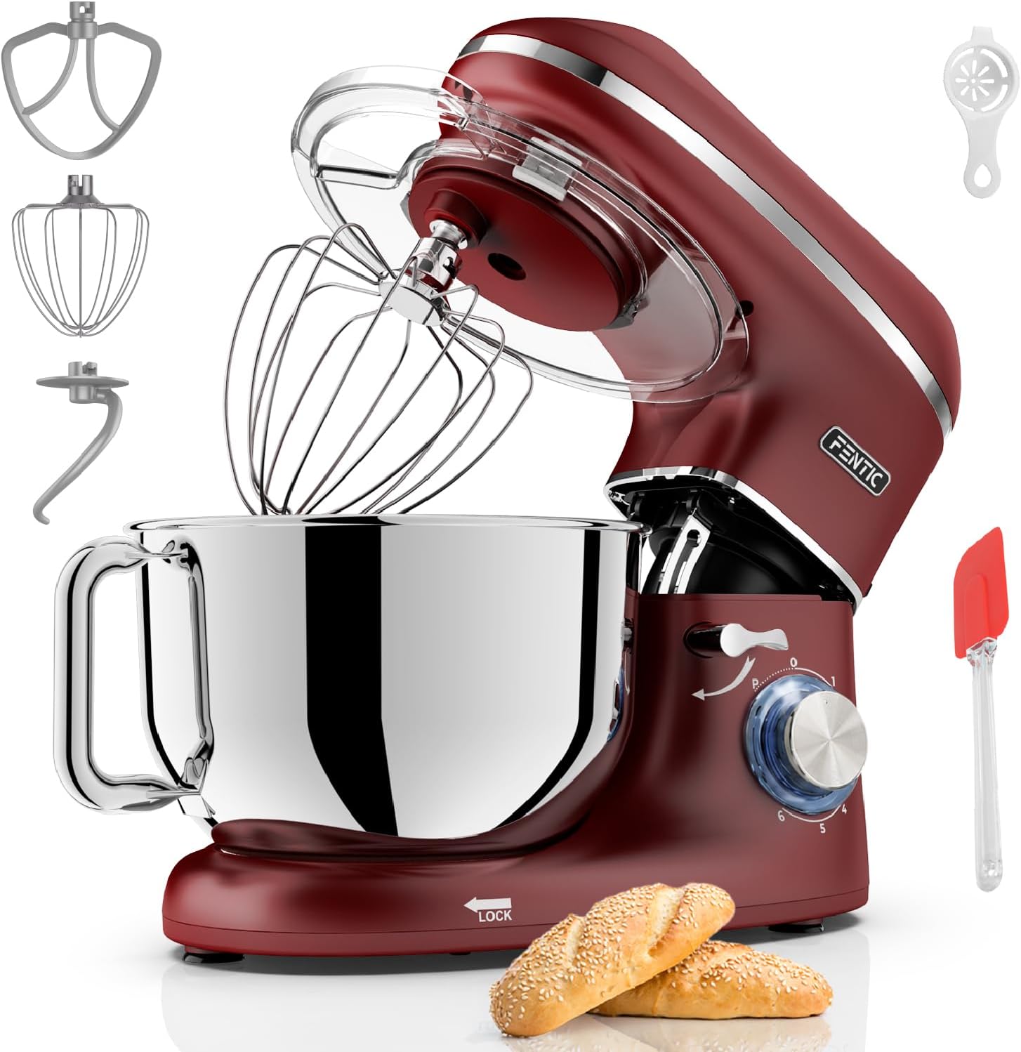 Robot kuchenny - 2000 W - miska do mieszania ze stali nierdzewnej (6,2 l) - mikser kuchenny z mieszania, hakiem do zagniatania, trzepaczką i ochroną przed pryskaniem - w zestawie