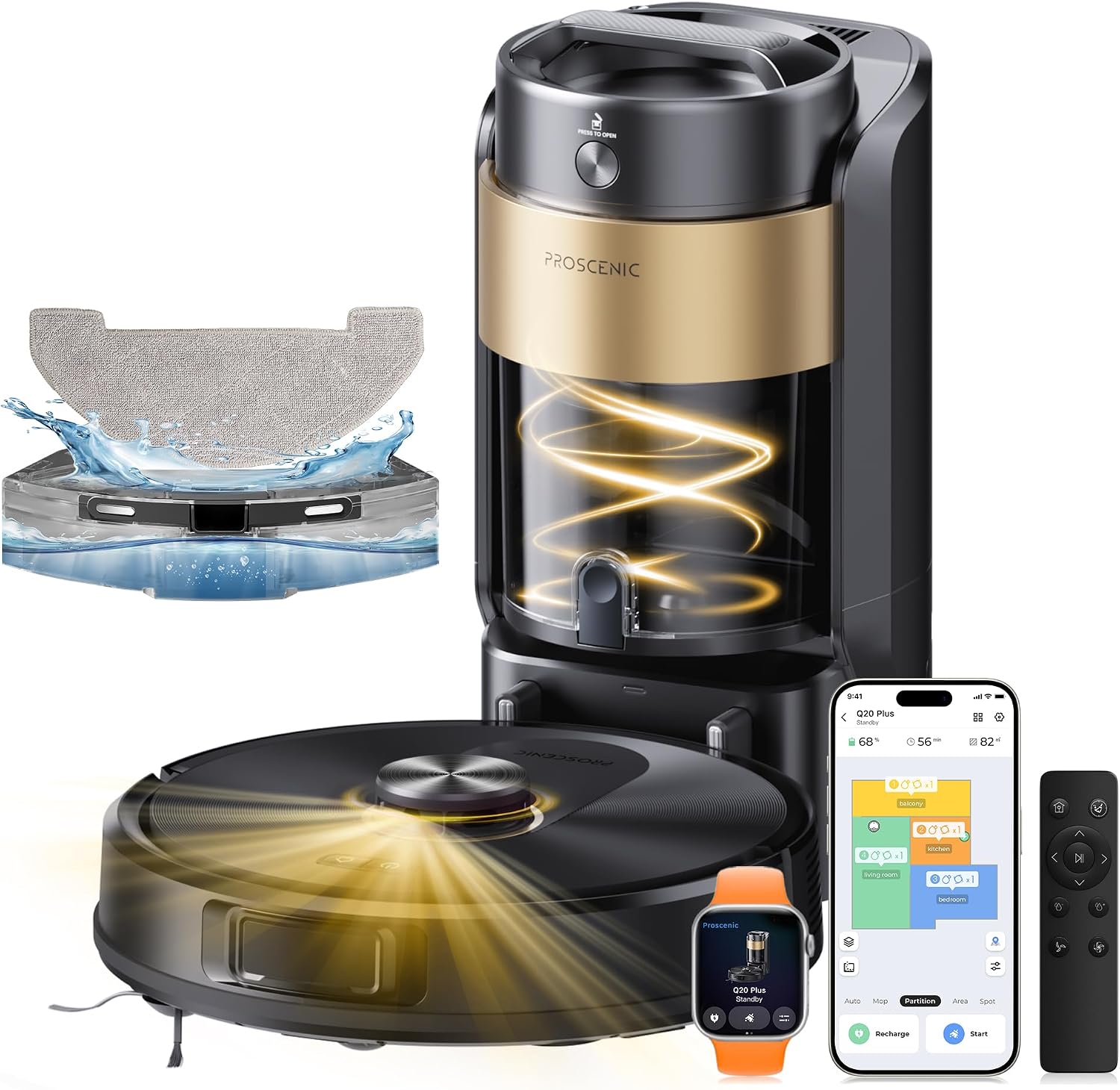 Proscenic Q20+ Plus Robot Vacuum Cleaner i Mop 10000 Pa/200 Mins, z 4L samowiercącą podstawą bez worka, nawigacją laserową i mapowaniem za pomocą aplikacji/głosu/kontroli, do podłóg/dywanów i