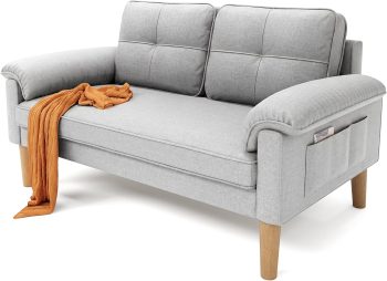 Xbro Sofa 2-osobowa z podłokietnikiem i kieszenią boczną, 145 x 77 x 77 cm, kompaktowa sofa materiałowa do salonu, mieszkania lub biura, łatwy montaż, jasnoszara