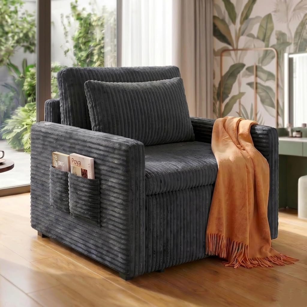 Xbro Sofa Rozkładana Jednoosobowa 3w1, Fotel z Funkcją Spania i Poduszkami, Kanapa Rozkładana z Materiału Sztruksowego, Idealna do Akademika i Małego Pokoju, 83x83x75 cm, Ciemnoszary
