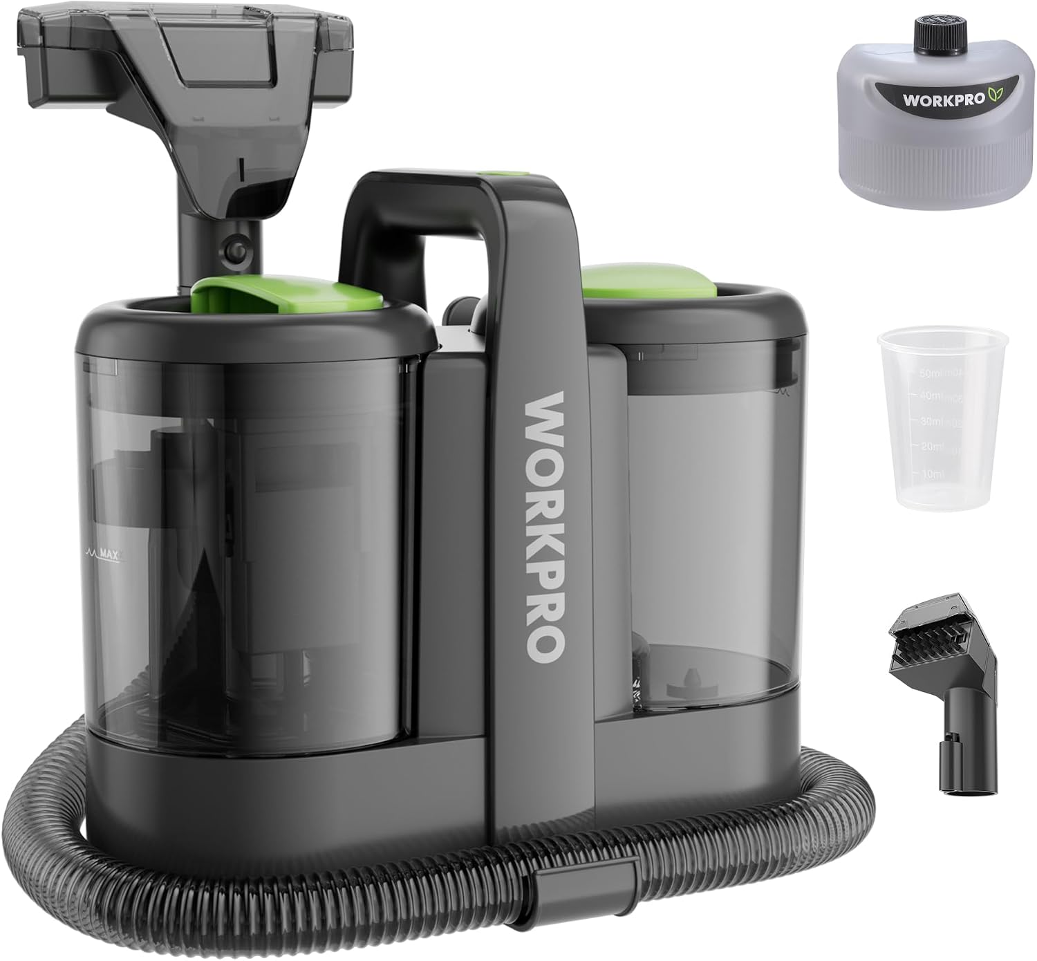 WORKPRO Odkurzacz 450 W, 13 kPa, środek do czyszczenia dywanów, 1,6 l, ze środkiem czyszczącym i 2 głowicami szczotki, środek do czyszczenia tapicerki, do dywanów, sof, samochodu