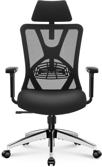 Ergonomiczne krzesło biurowe Ticova - krzesło biurowe z wysokim oparciem i regulowanym podparciem odcinka lędźwiowego, zagłówkiem i podłokietnikiem 3D