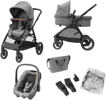 Maxi-Cosi Zelia S Trio Wielofunkcyjny Wózek Dziecięcy 3w1, 0–4 Lata, do 22 kg, Składany, Kompakt i Odchylany Wózek Spacerowy z Fotelik Samochodowy CabrioFix S i-Size i Torbą z Akcesoriami, Szary
