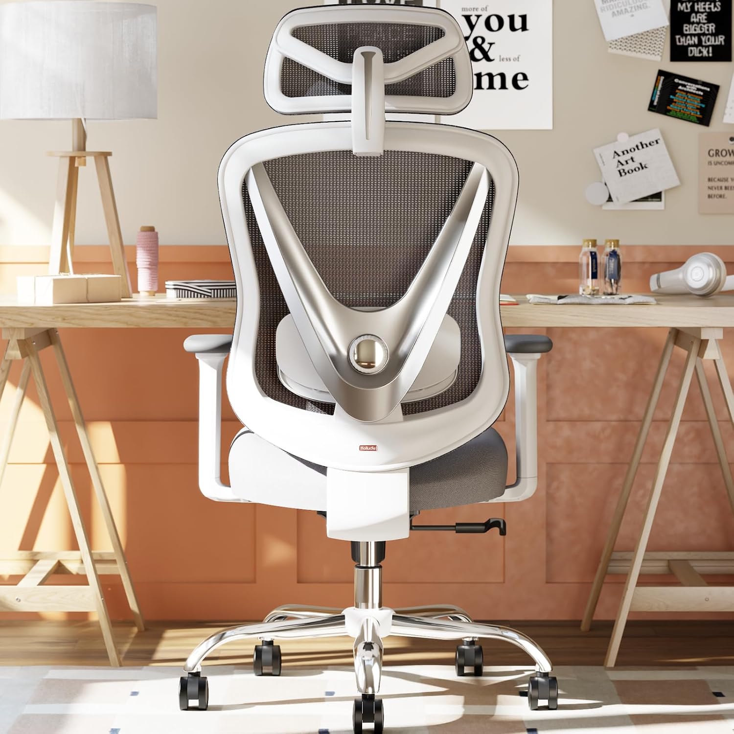 HOLLUDLE Ergonomiczne Krzesło Biurowe z Podparciem Lędźwiowym 3D & Podłokietnikami 3D | V-Kształt Design | Do Biura, Domu, Gamingu | Białe